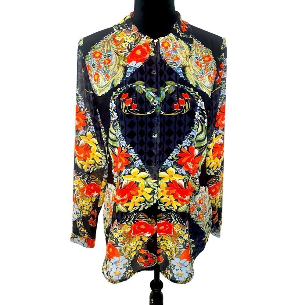 CABI‎ FLORAL SHEER LONG SLEEVE STUNNING BUTTON UP BLOUSE WOMENS SIZE SMALL